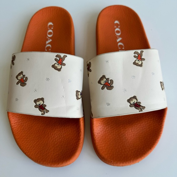 Coach Udele Sport Teddy Bear Printed Signature Slide Orange Cream Size 7B - Picture 3 of 10